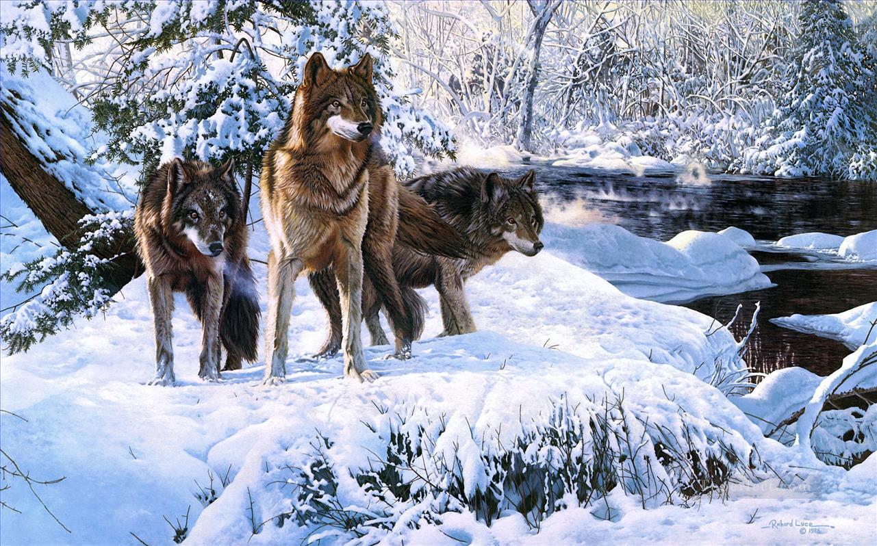 冬景色のオオカミ油絵